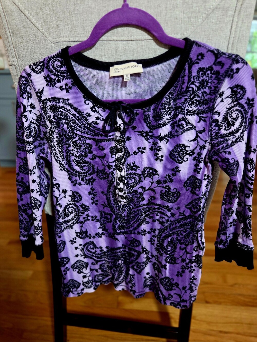Jones New York Purple & Black Paisley Henley Long Sleeve Top